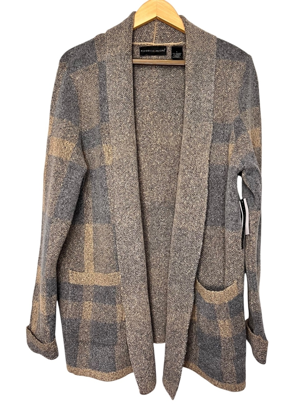 NWT Preswick & Moore Plaid Open Front Cardigan Sweater Large Grey Camel Pocket